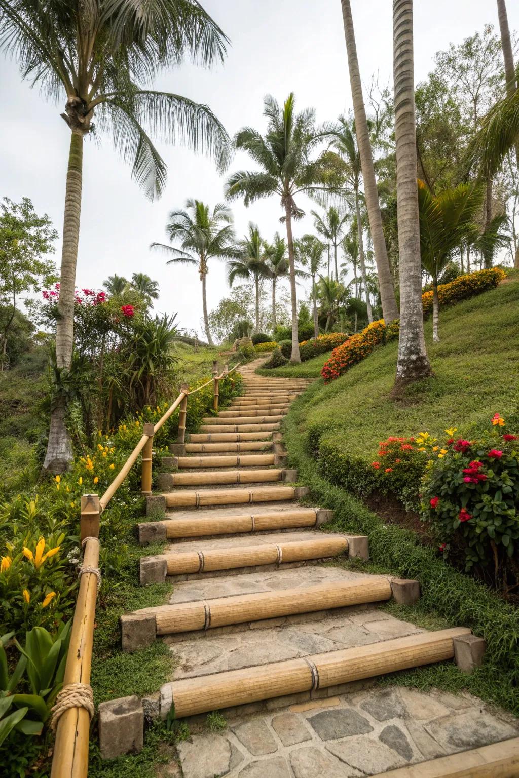 Concrete stairs with an exotic bamboo overlay.