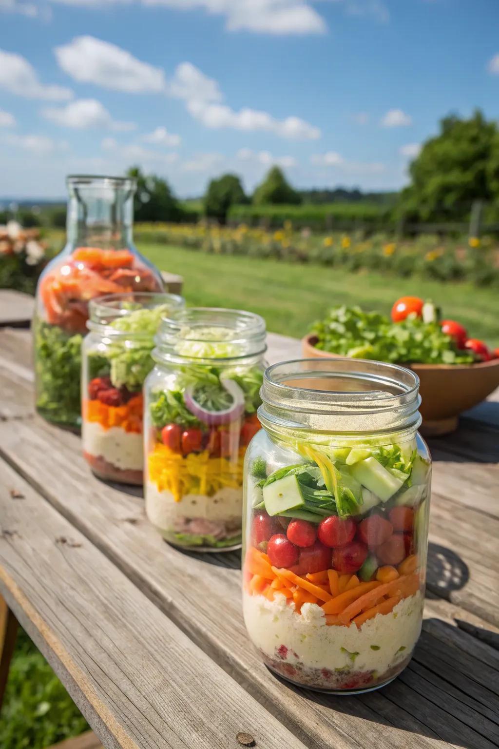 Salad jars offer a colorful and convenient serving option.