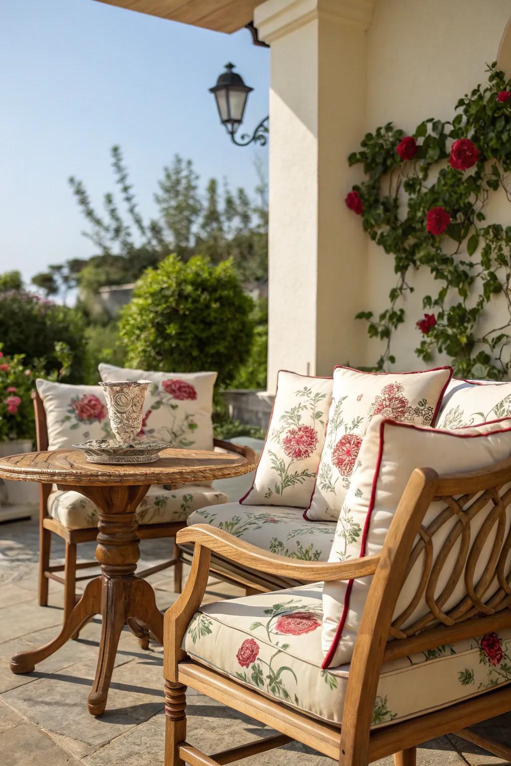 Vintage prints on cushions add a classic charm to your space.