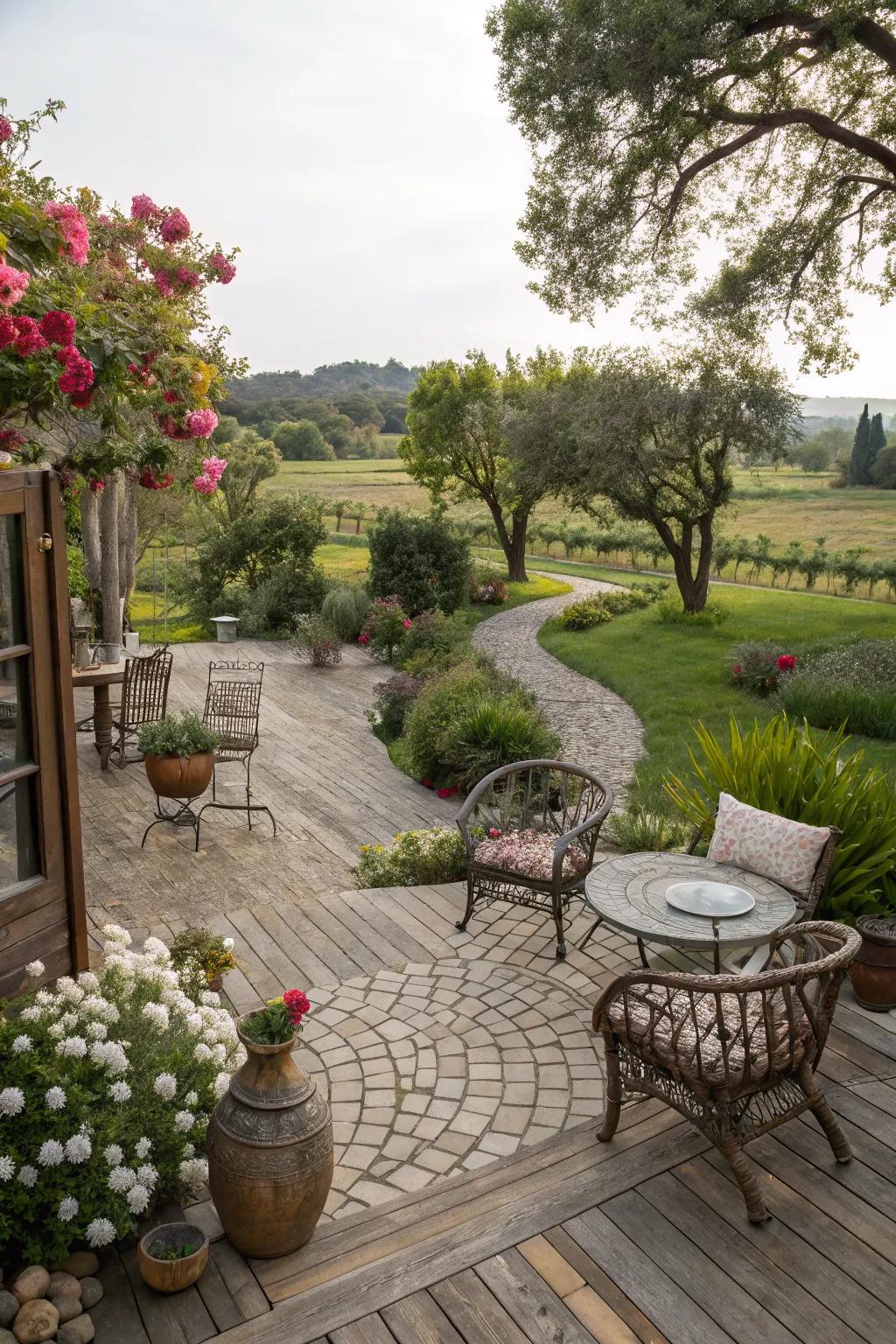 Cobblestone paths provide a rustic, timeless appeal.