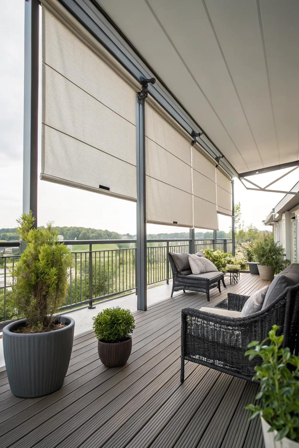 Outdoor blinds provide adjustable privacy with a sleek design.