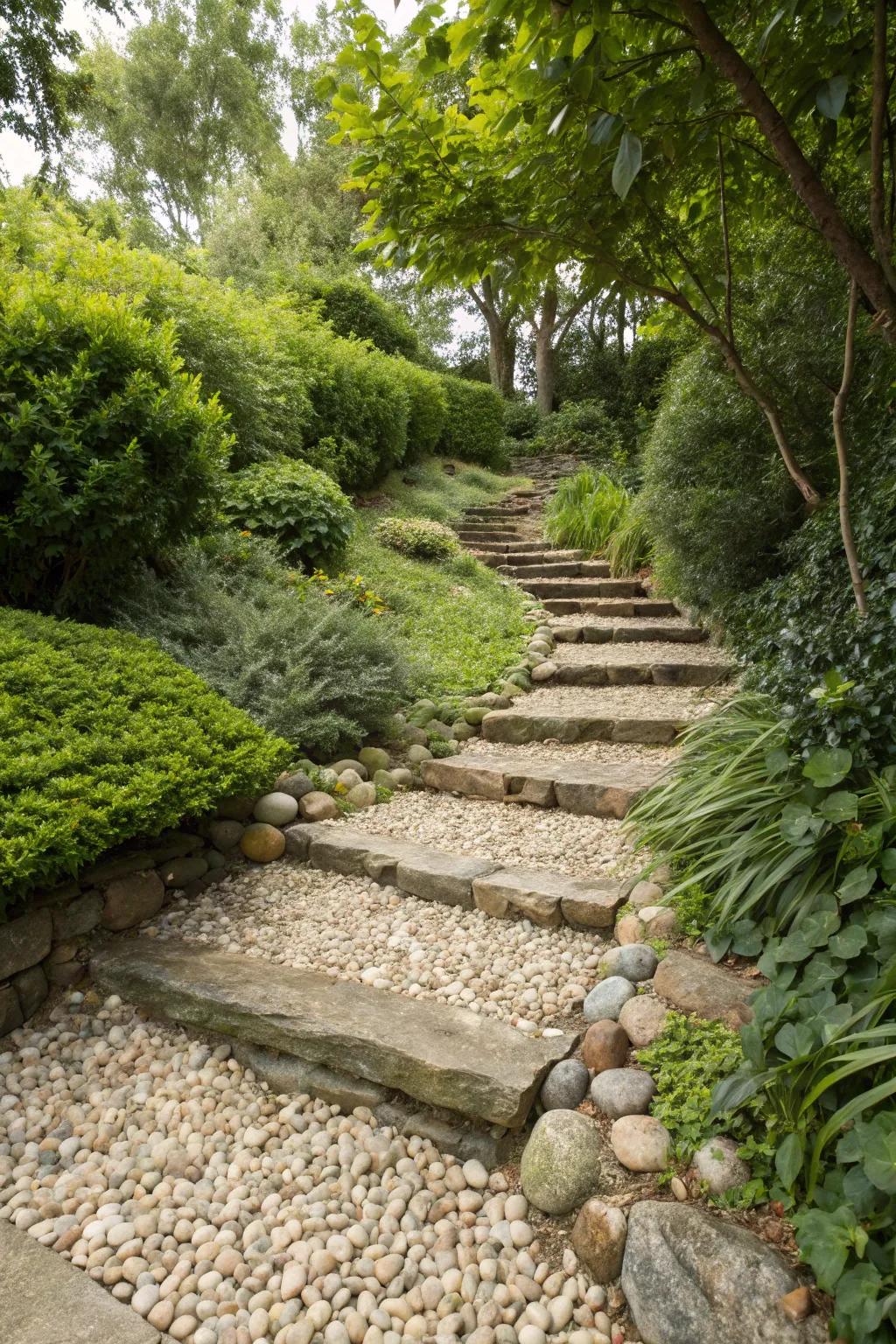 Pebble paths framed by greenery offer texture and charm.
