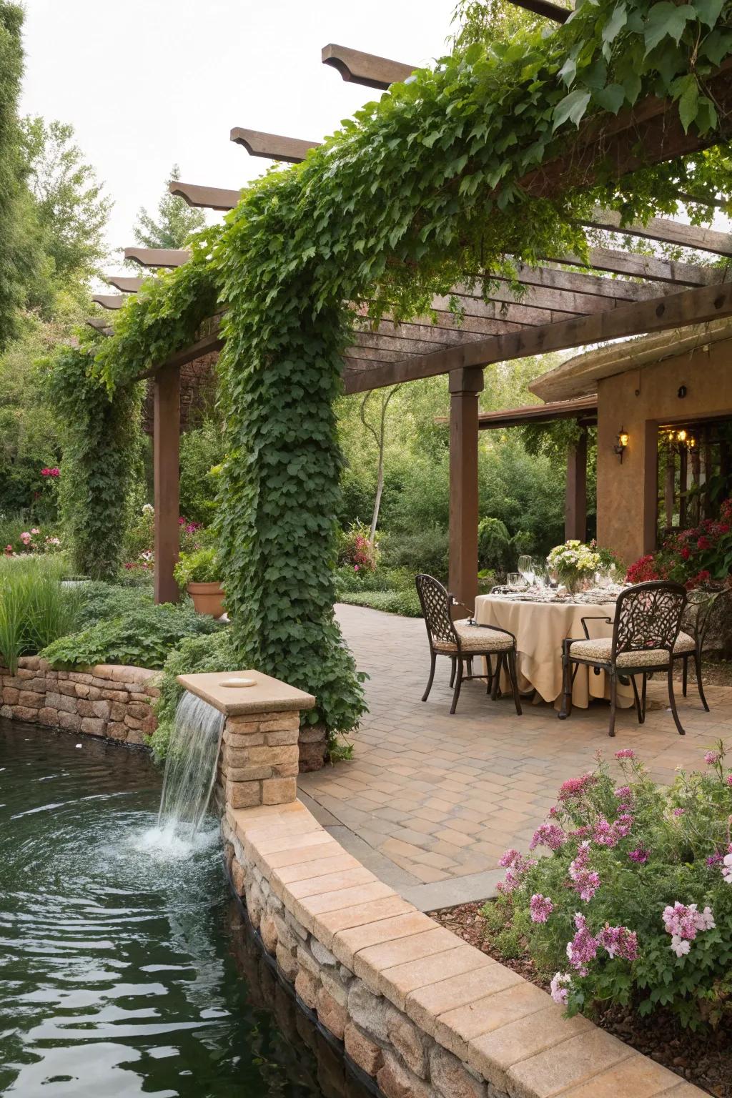 A water feature adds tranquility to outdoor dining.