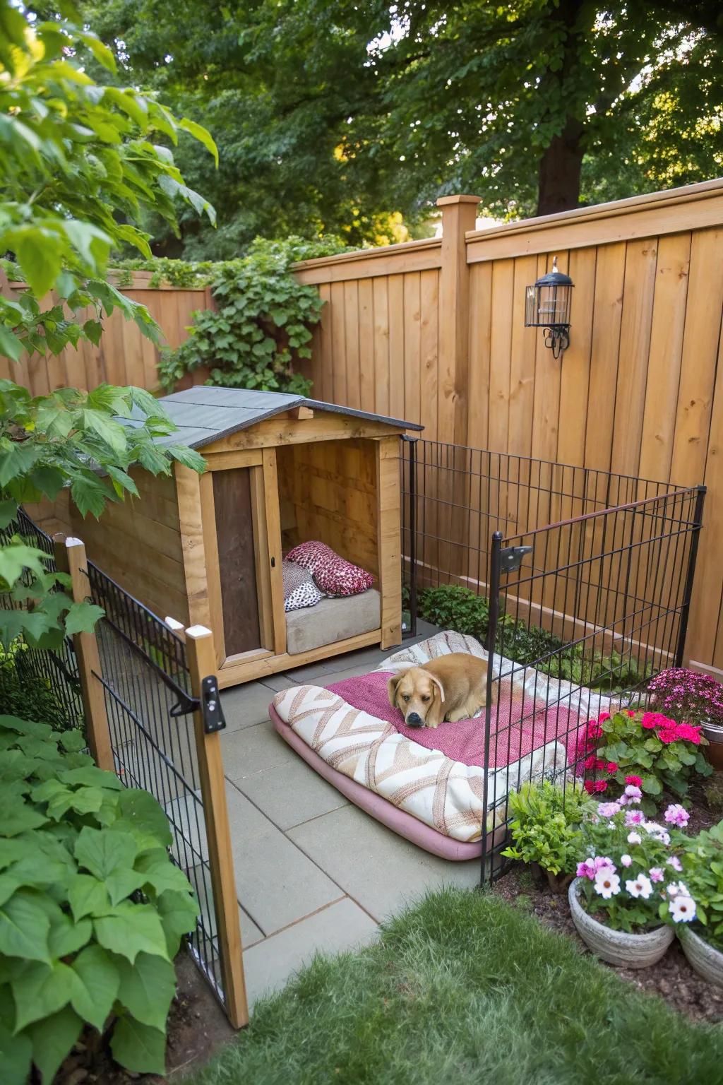 A comfort-first cozy dog pen with inviting bedding.