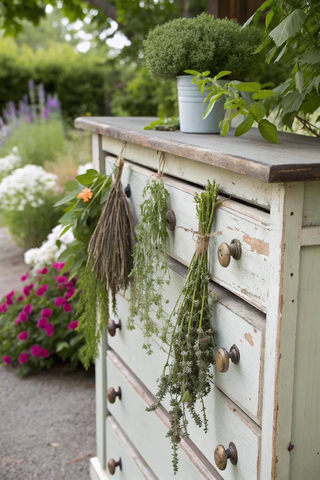 A practical dresser used for drying herbs outdoors.