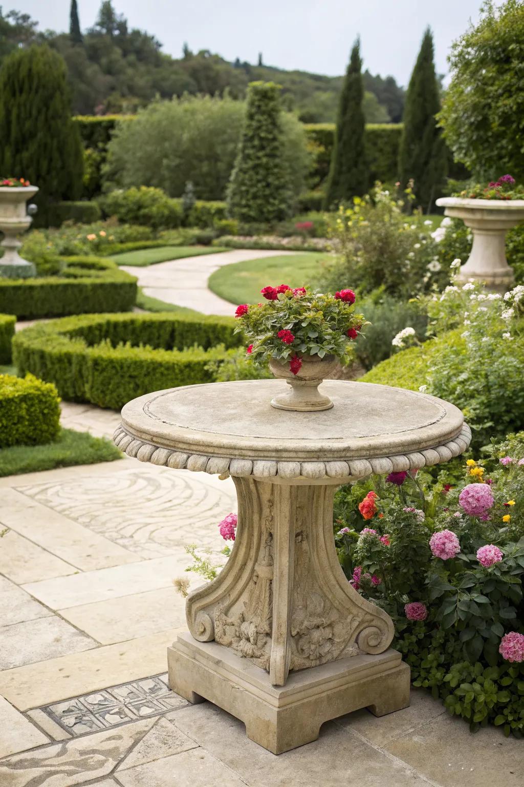 Stone slab tables add timeless elegance to any garden setting.