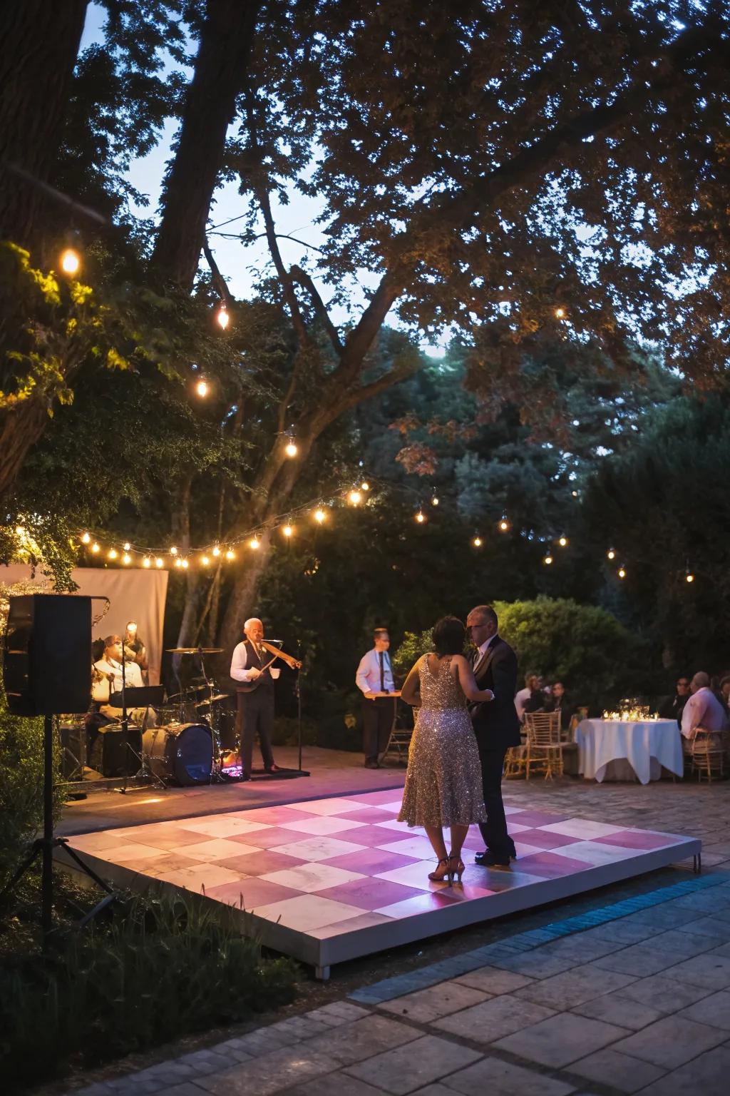 A romantic jazz night engagement party under the stars.