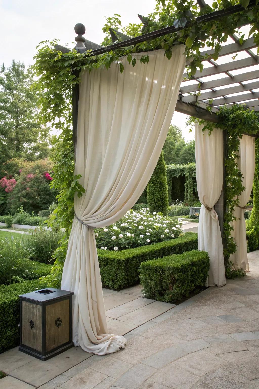 Pergolas with drapes create an enchanting and functional hideaway.