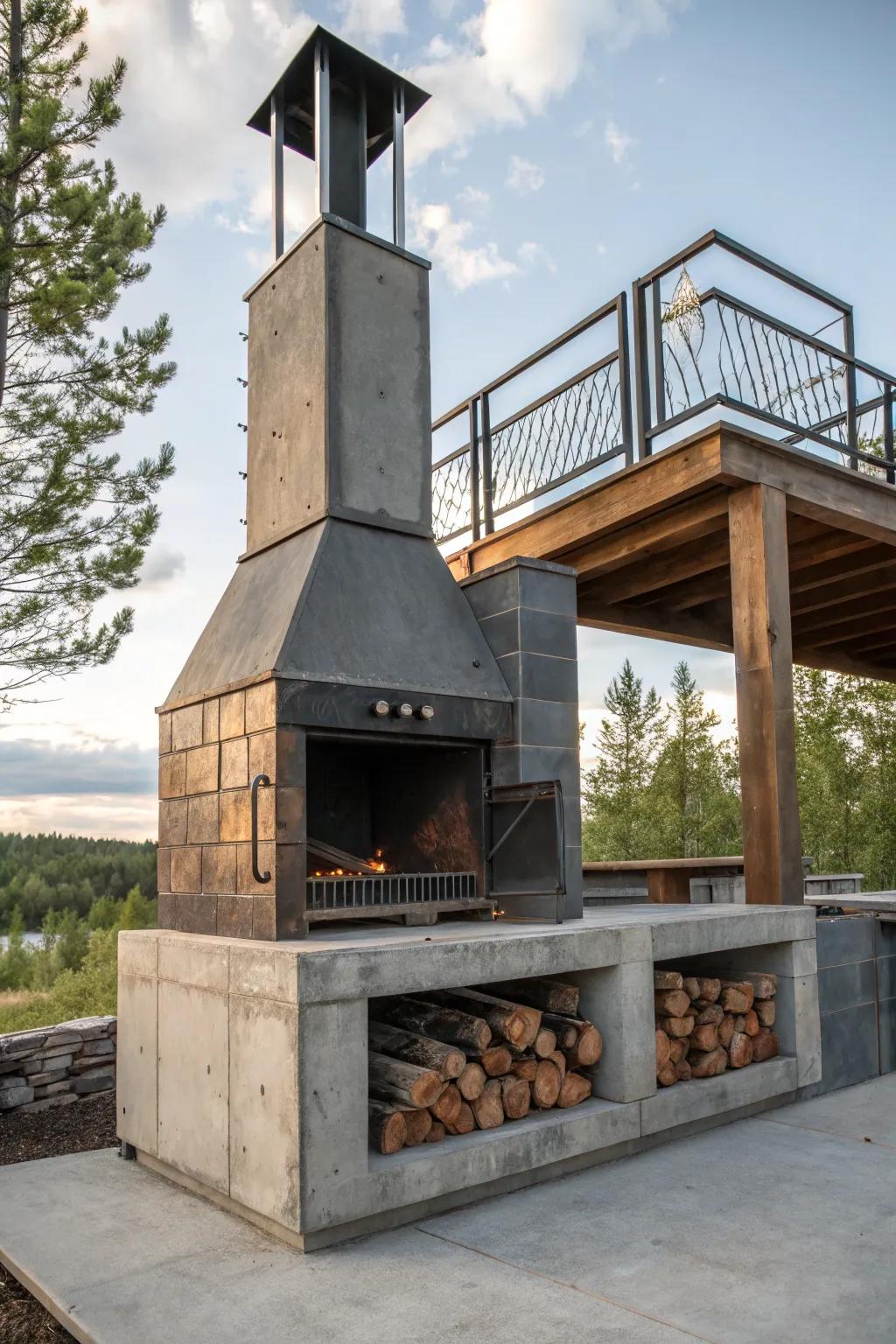 An edgy industrial-style fireplace combining metal and concrete for a modern look.
