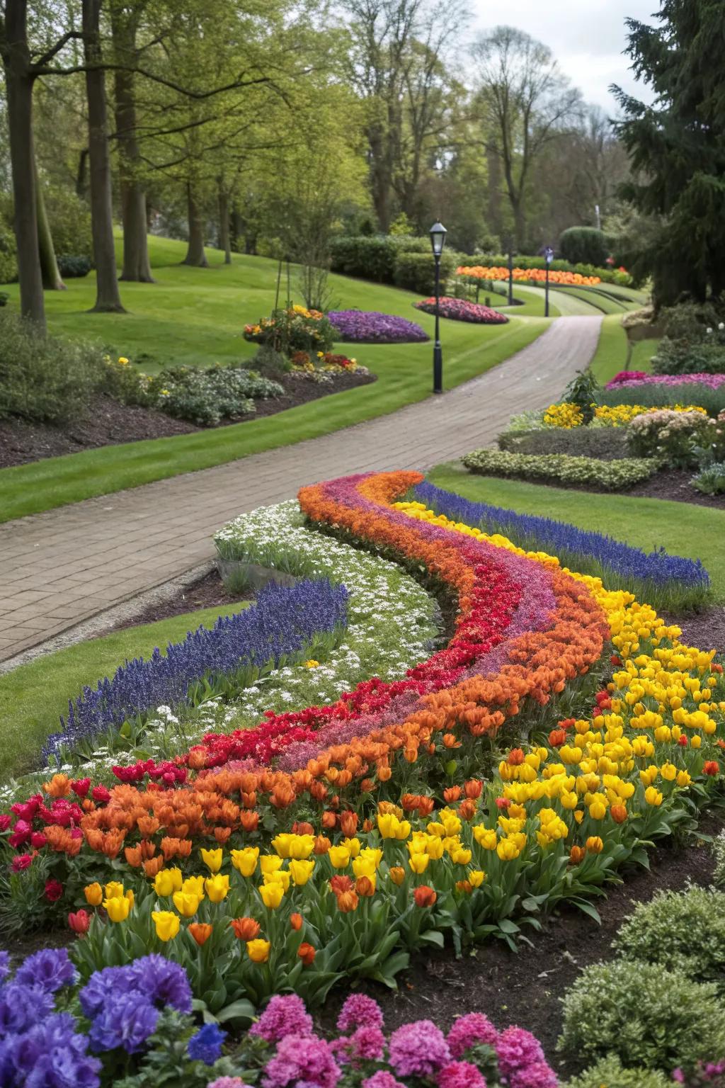 A vibrant rainbow-themed flower bed showcasing a spectrum of colors.