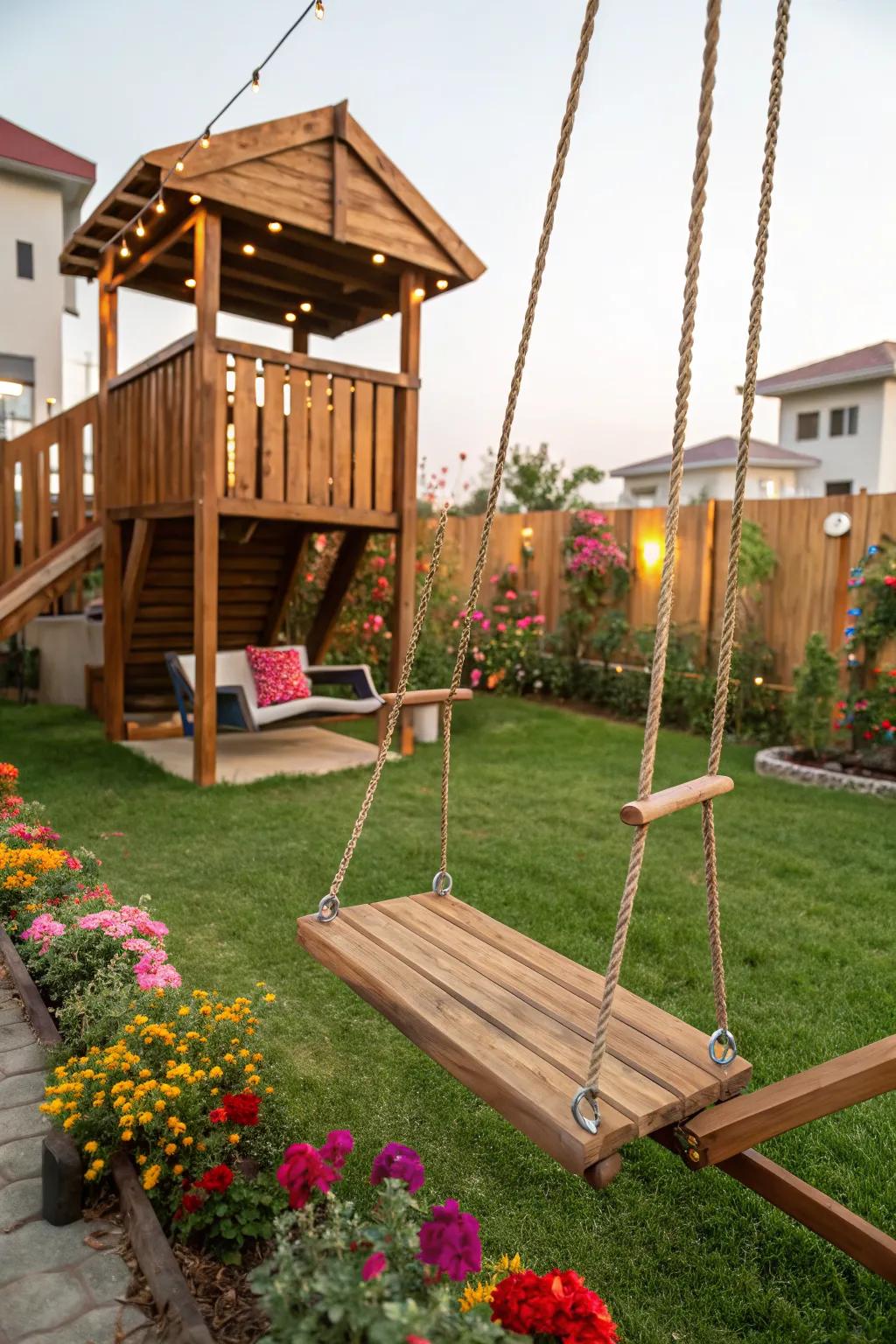 A swing set attached to a fort, adding an element of playful surprise.