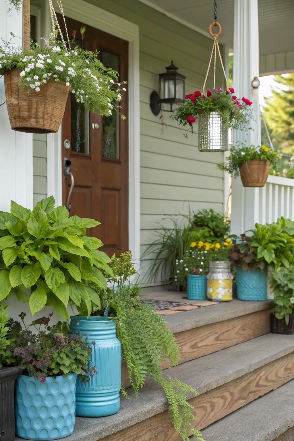 Innovative planters create a unique and eye-catching display on this porch.