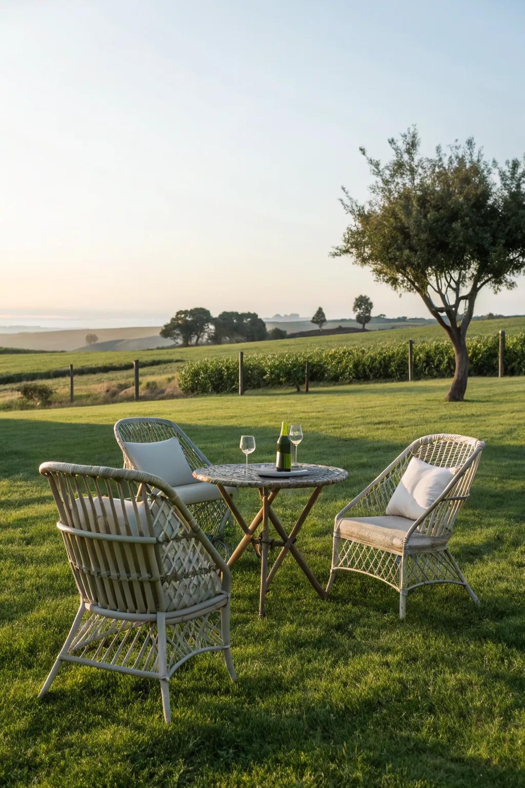 Wide base furniture ensuring stability on grass.