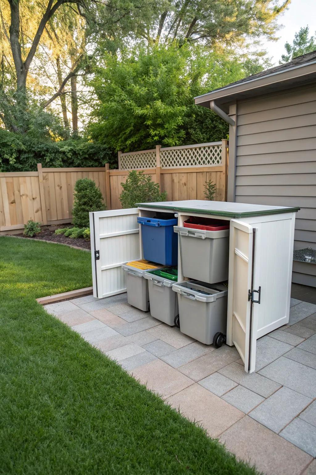Slide-out drawers provide a practical and tidy solution for garbage bin storage.