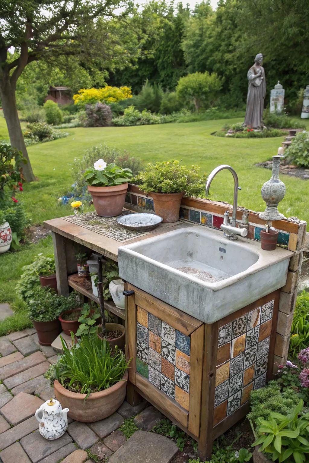 Make a statement with an eclectic mix of materials for your garden sink.