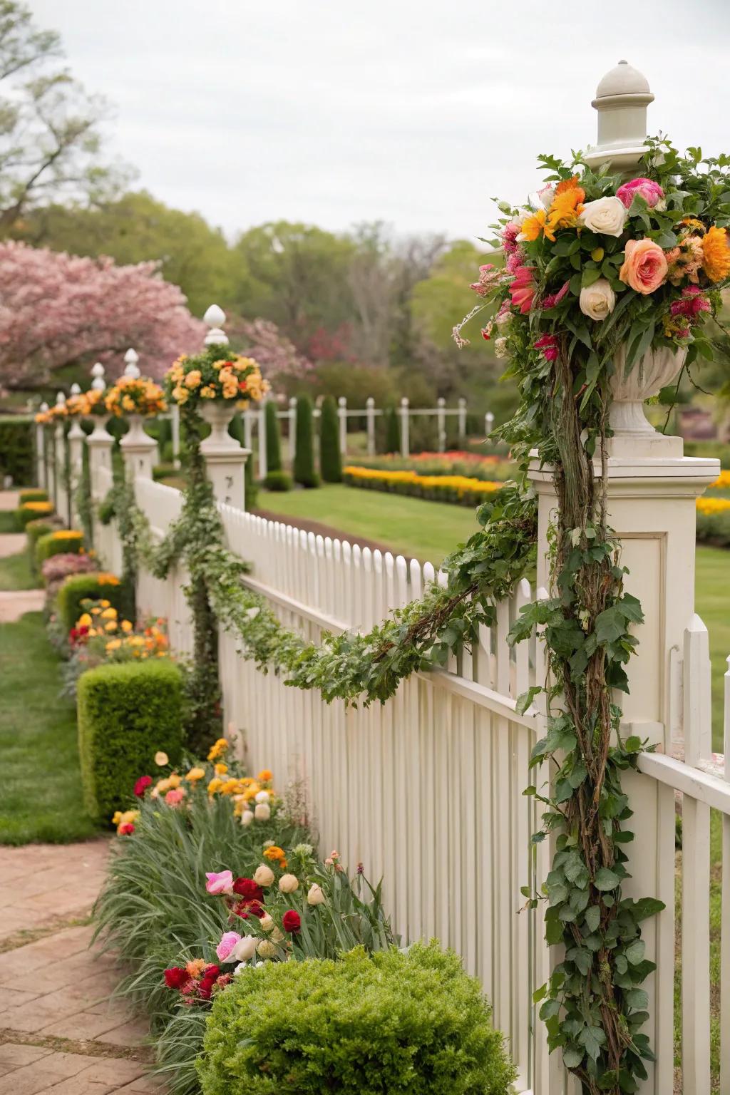 Garlands bring festivity to garden fences.