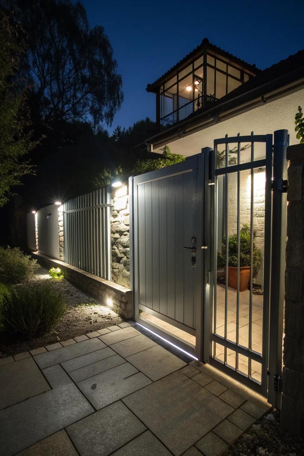 A gate lock with lighting for nighttime convenience.