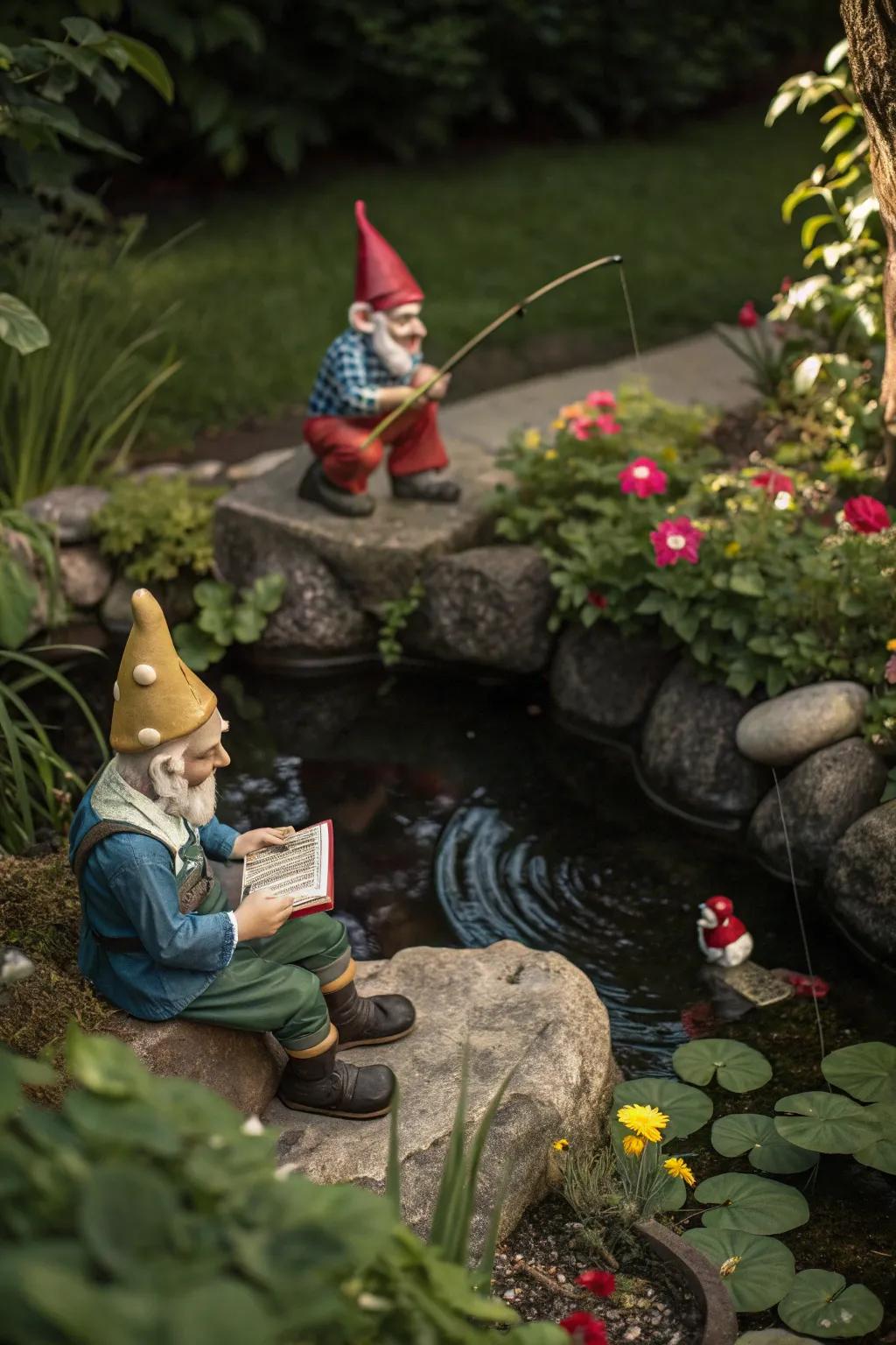 Gnomes in action add storytelling elements to your garden.