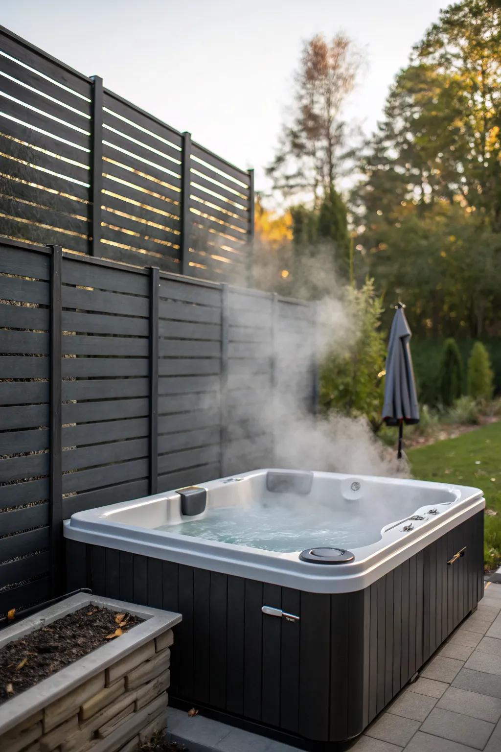 A privacy fence creates a secluded and personal hot tub retreat.