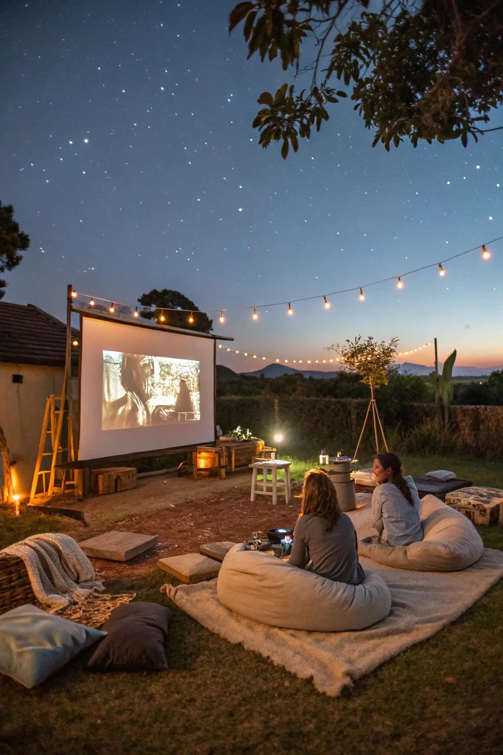 An outdoor movie setup invites friends for film marathons under the stars.