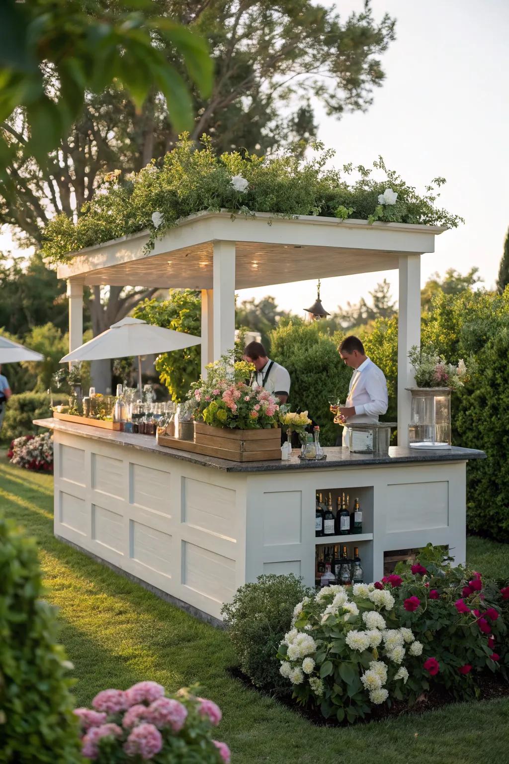 Dynamic two-tier outdoor island bar.