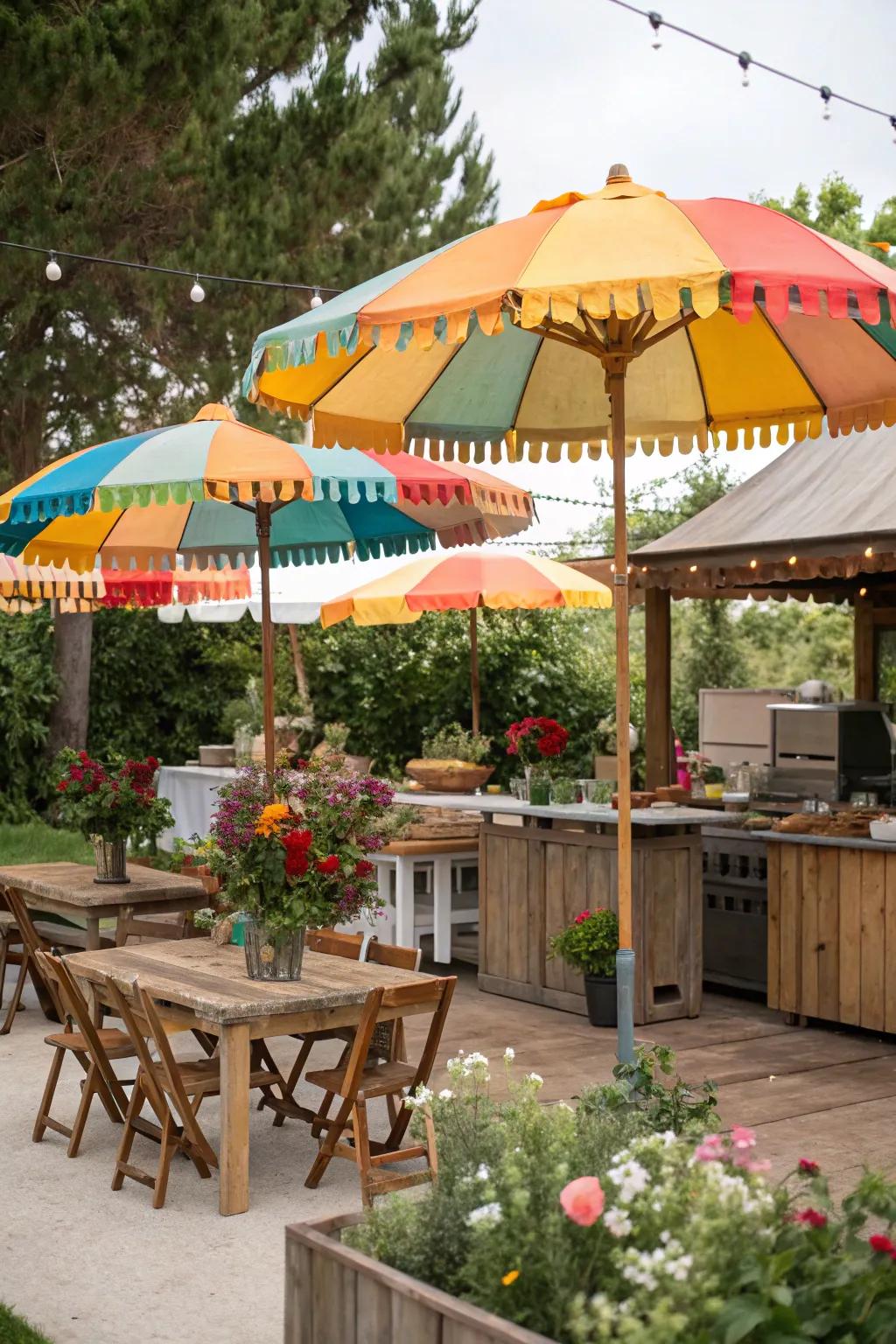 Vintage market umbrellas add color and fun to this outdoor kitchen.