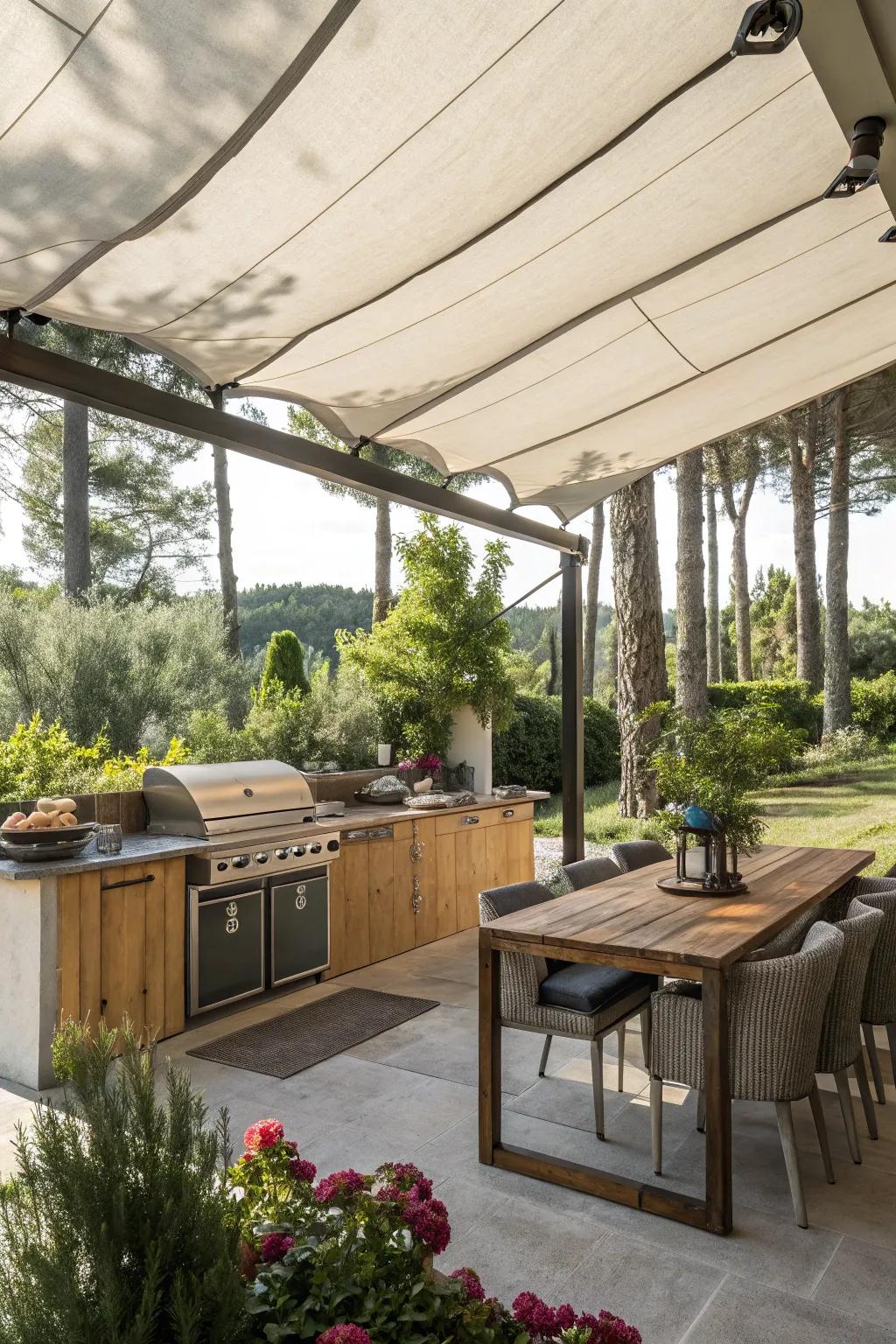 A fabric ceiling adds a breezy, resort-like feel to this outdoor kitchen.
