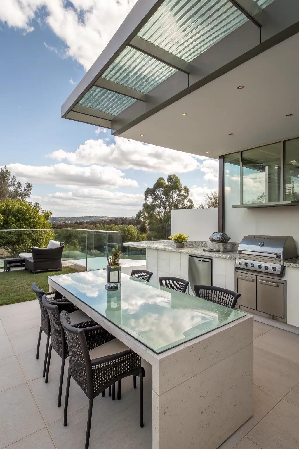 Glass countertops provide a sleek modern look.