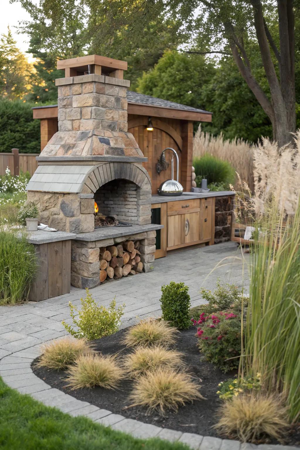 An eco-friendly outdoor kitchen fireplace crafted with sustainable materials and surrounded by nature.