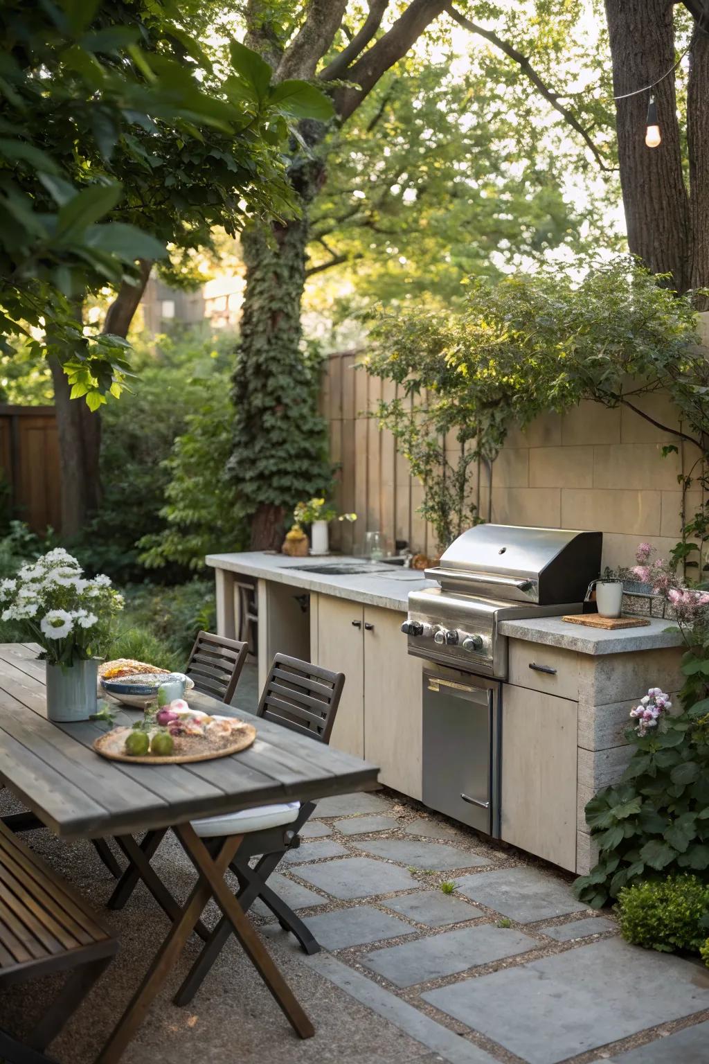 A fold-down table offers versatile use in tight spaces.