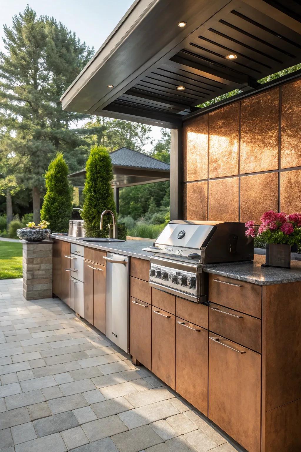 Copper panels offer a luxurious and sophisticated touch to outdoor kitchens.