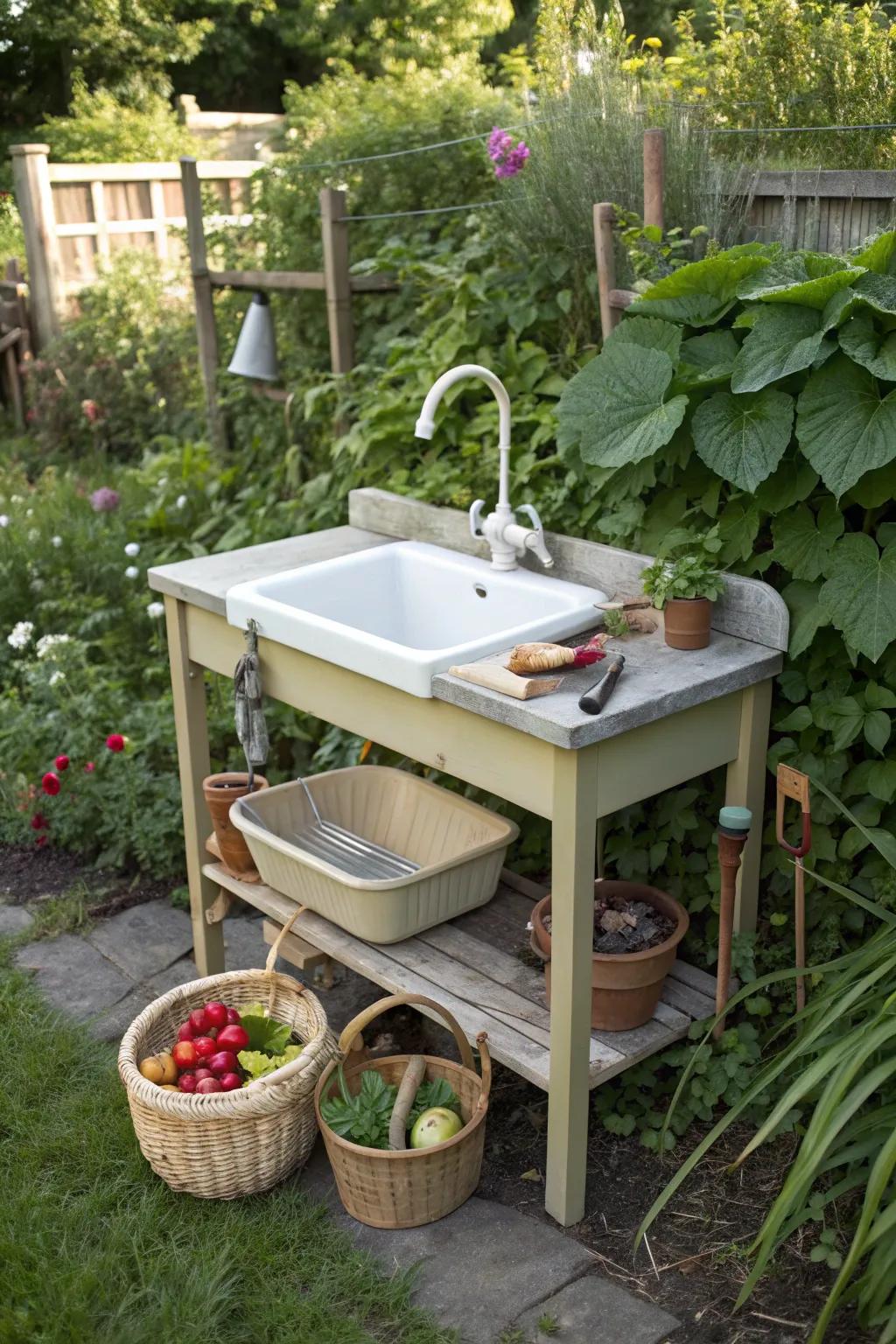 Garden sink station for practical outdoor tasks.