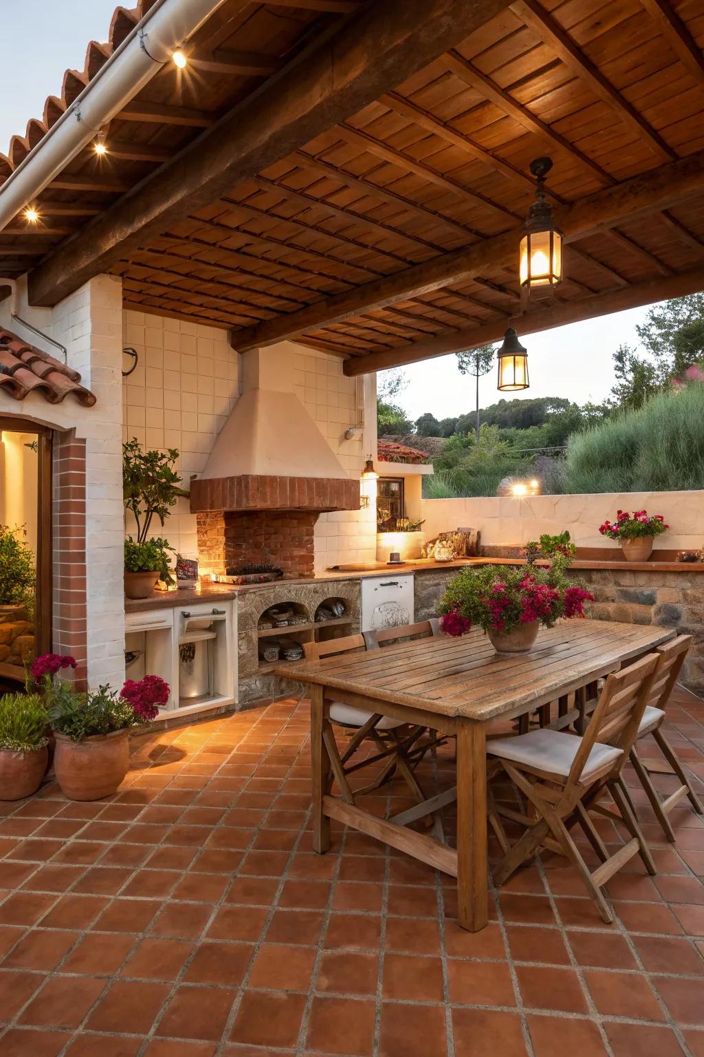 Warm terracotta tiles creating a cozy Mediterranean vibe in an outdoor kitchen.