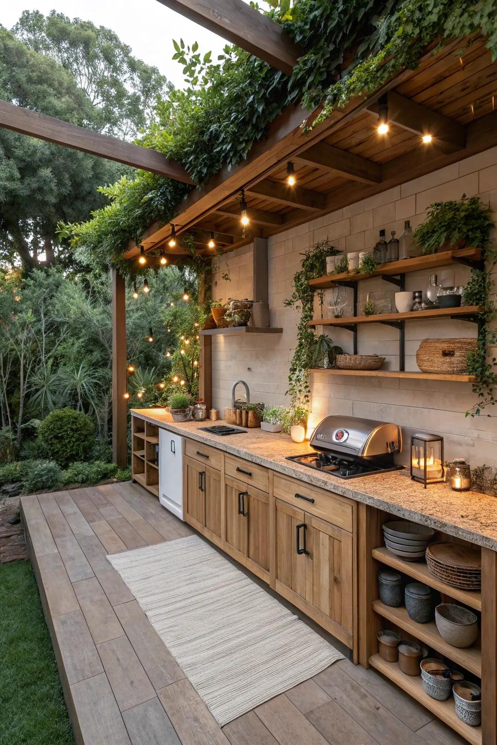 Warm outdoor kitchen with wooden elements.