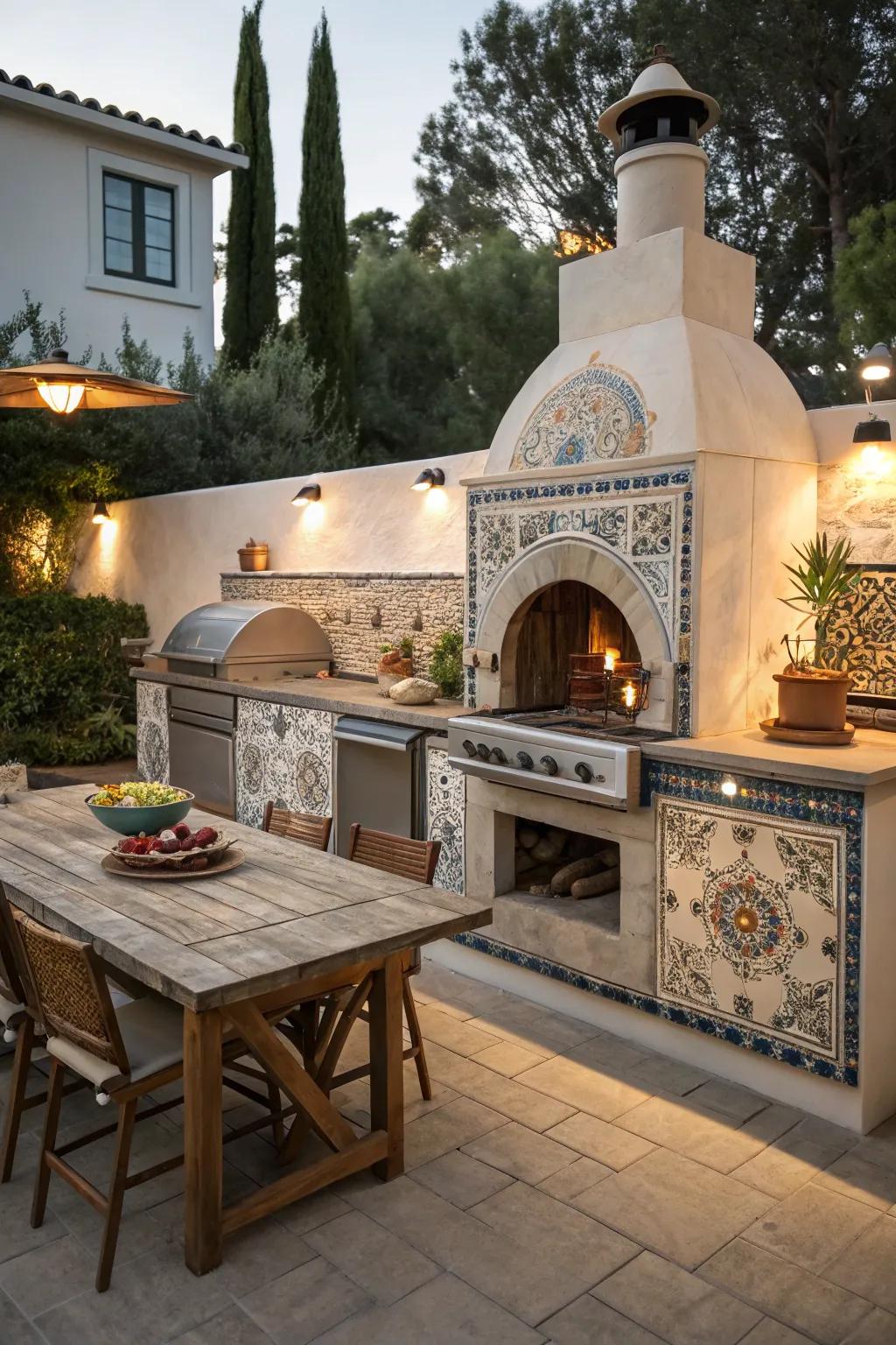 Artistic outdoor kitchen with decorative accents and offset smoker.