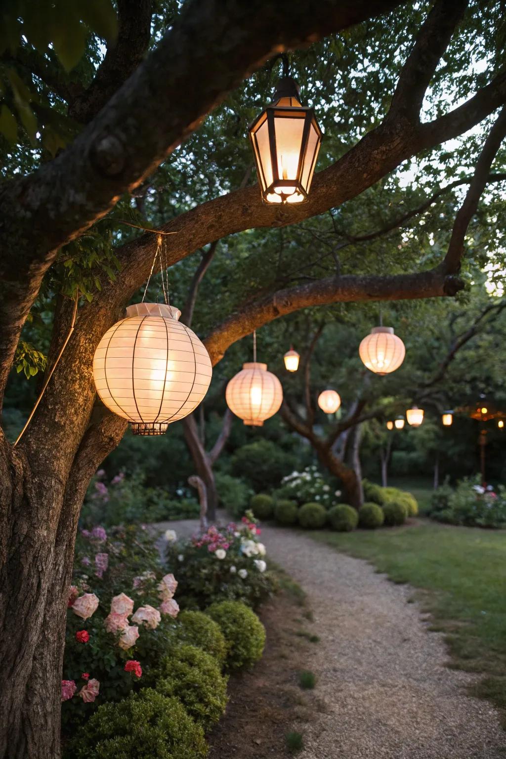 Embrace nature with tree-hanging lanterns.