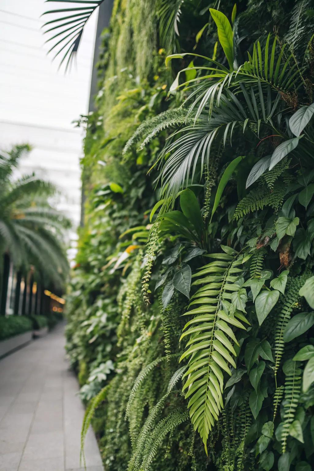 Tropical plants create an exotic retreat with a lush living wall.