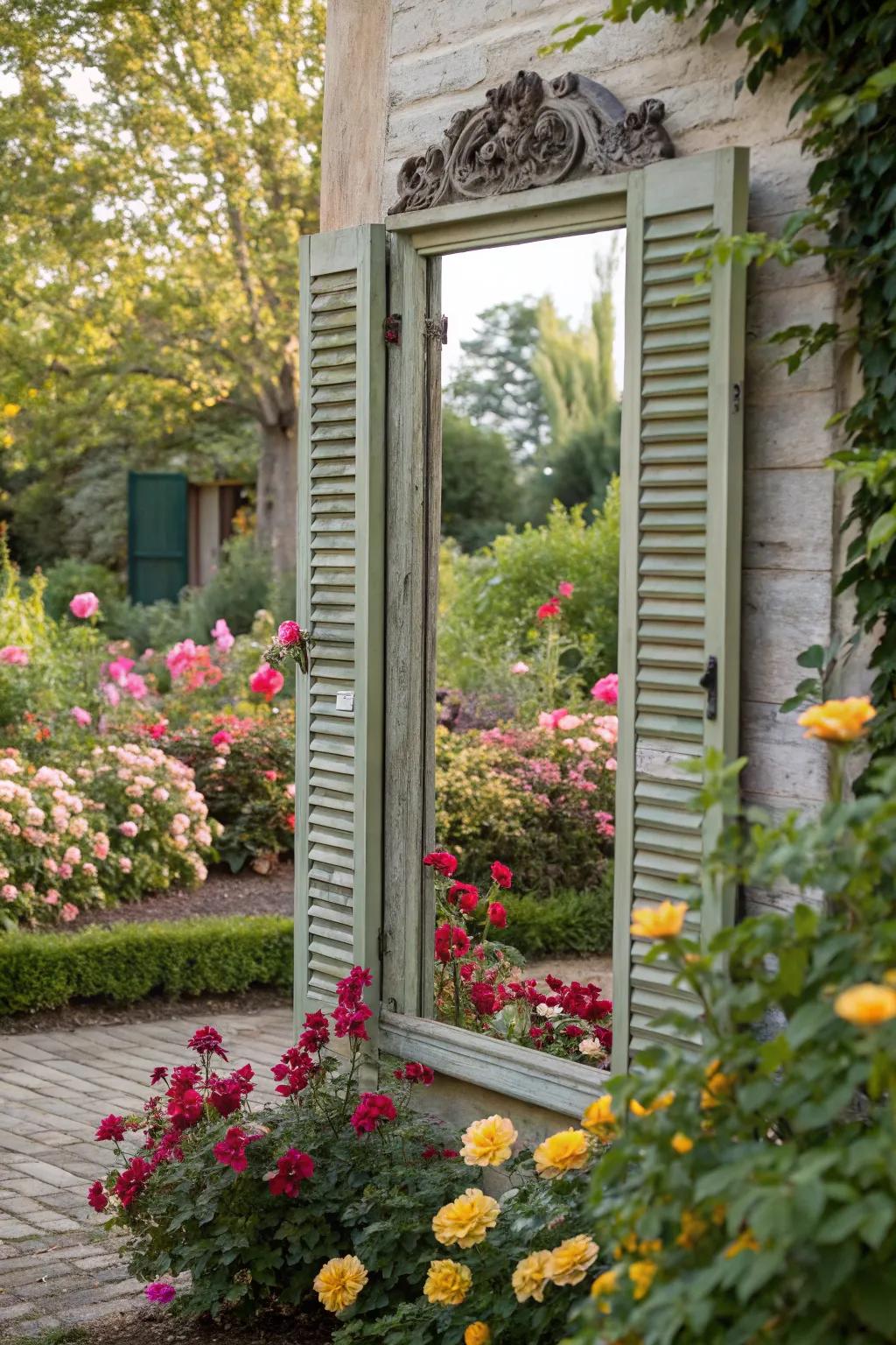 Shuttered mirrors evoke cottage charm.