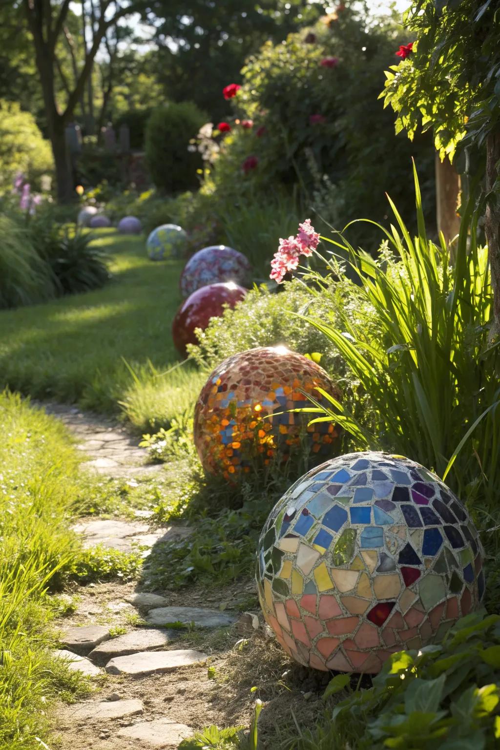 Playful mosaic spheres that add dimension and surprise to a garden.