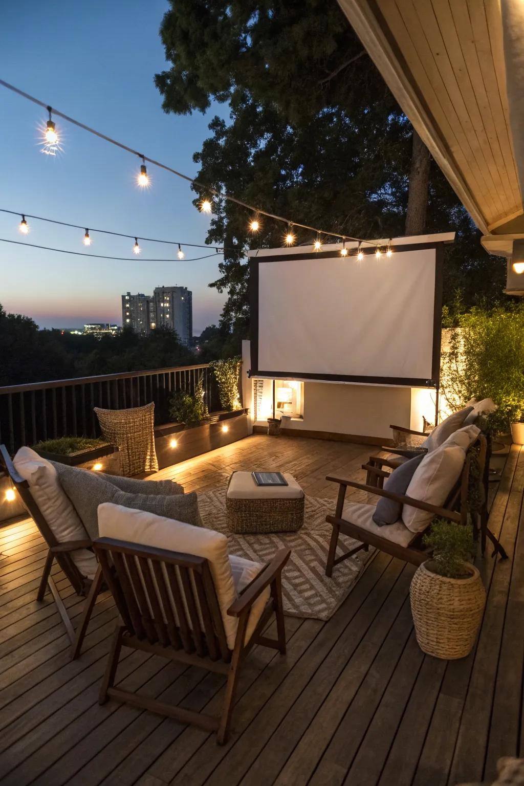 Enjoy elevated views with balcony seating for outdoor movies.