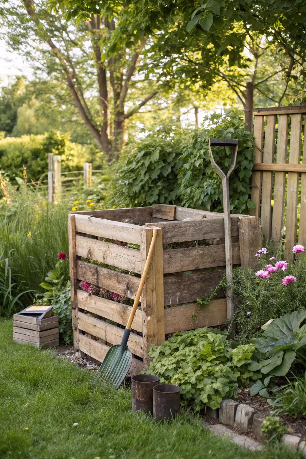 Recycle garden waste efficiently with a pallet compost bin.