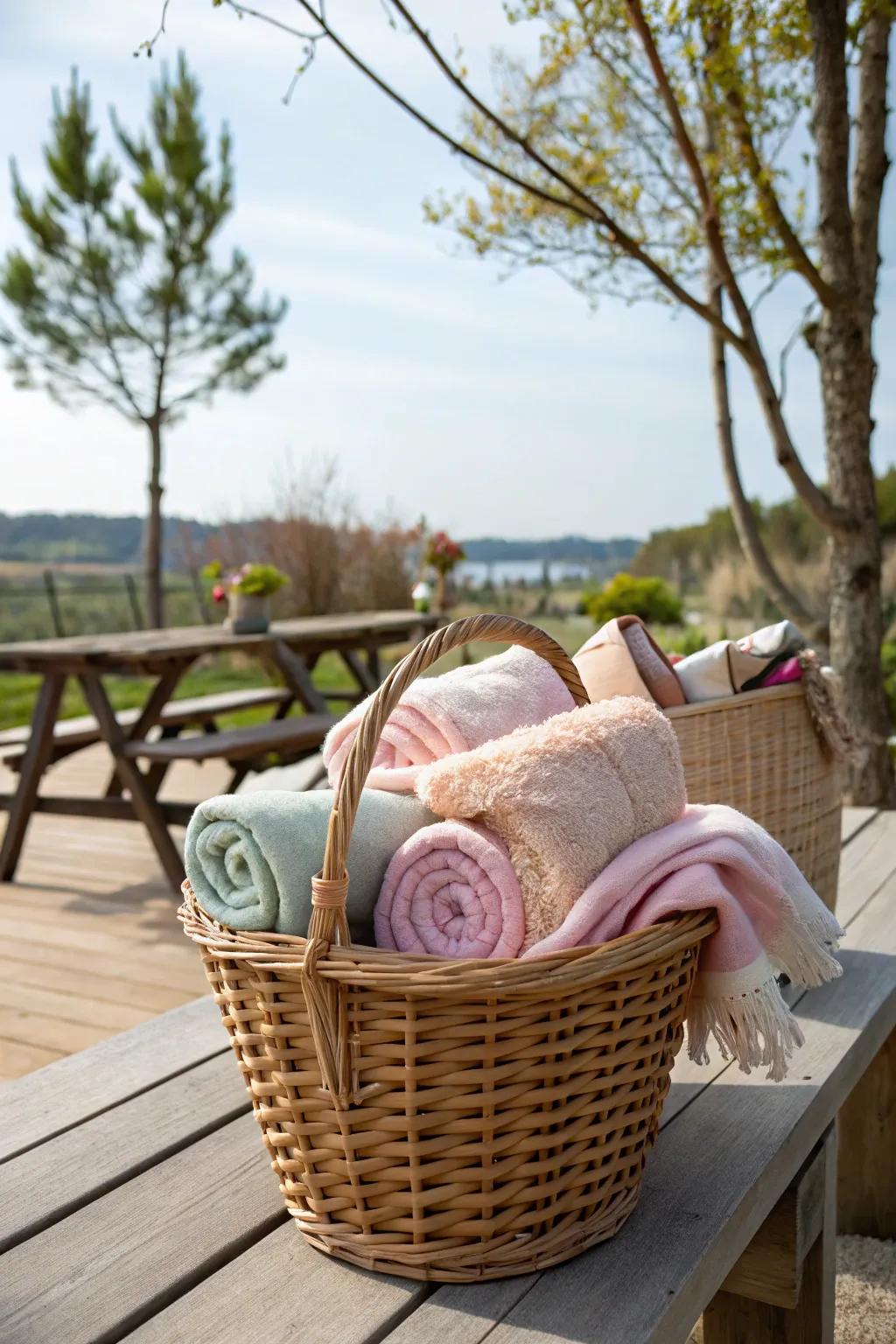 A basket of blankets keeps guests warm and comfy.