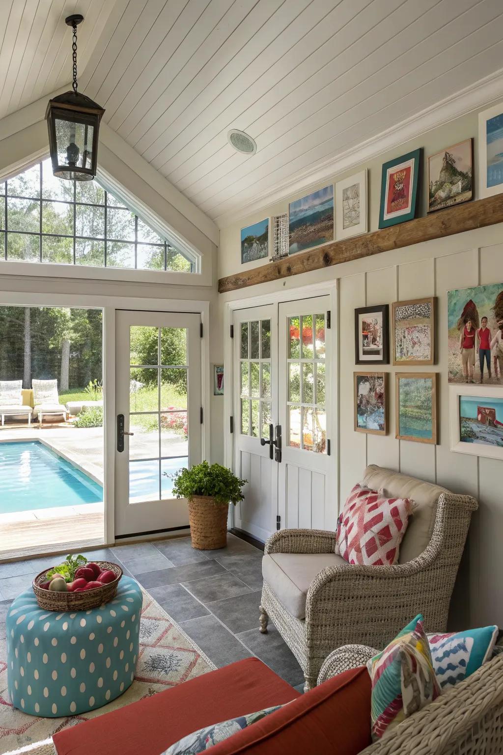 Personalized touches in a pool house create a warm and inviting space.