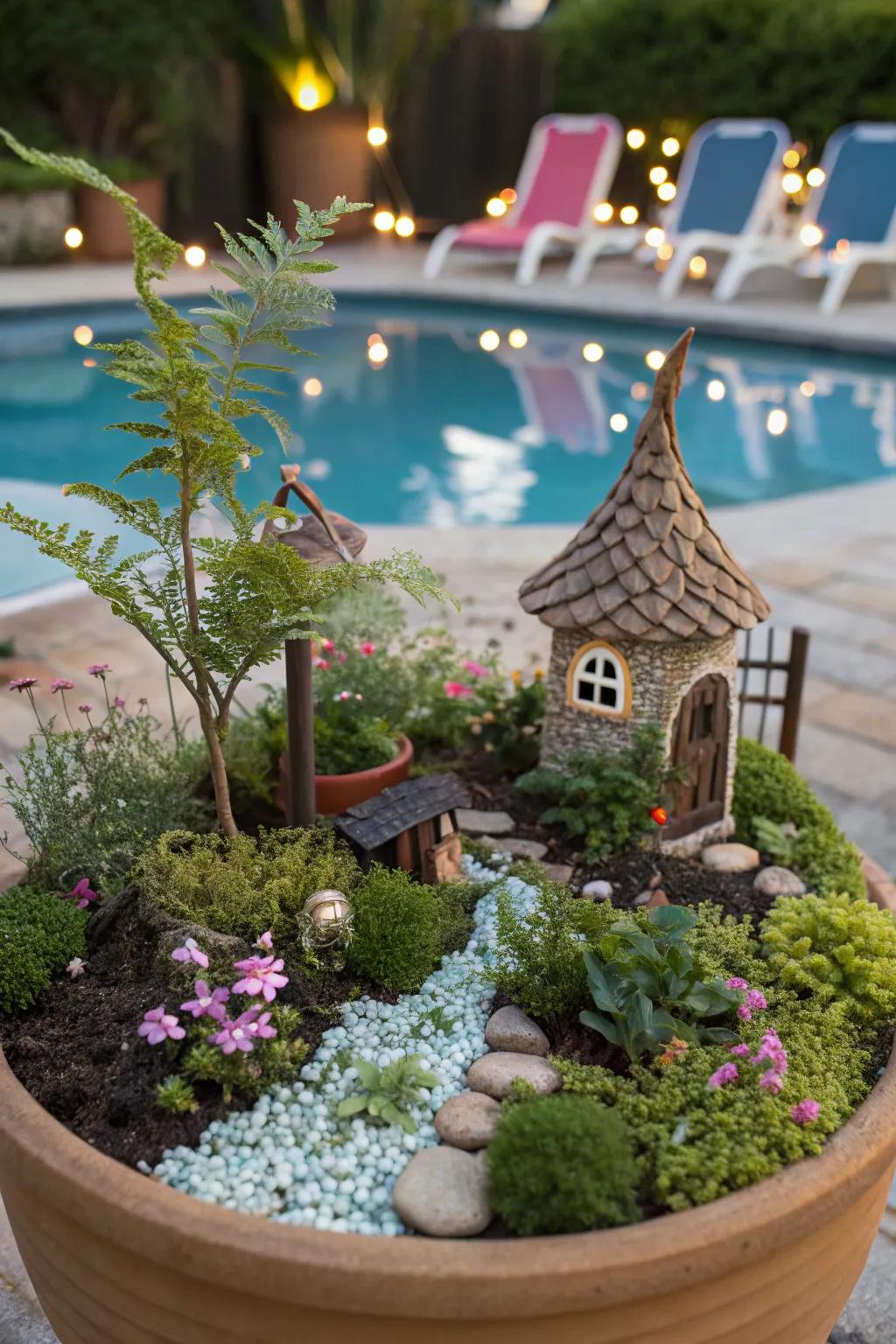 Fairy gardens bring whimsy and charm to the poolside.
