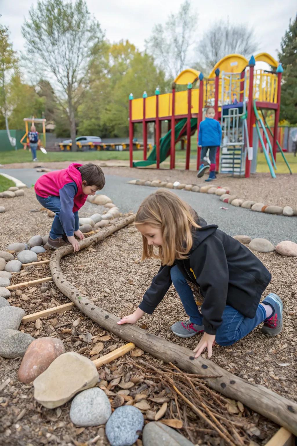 Kids creating adventure paths with natural loose parts.