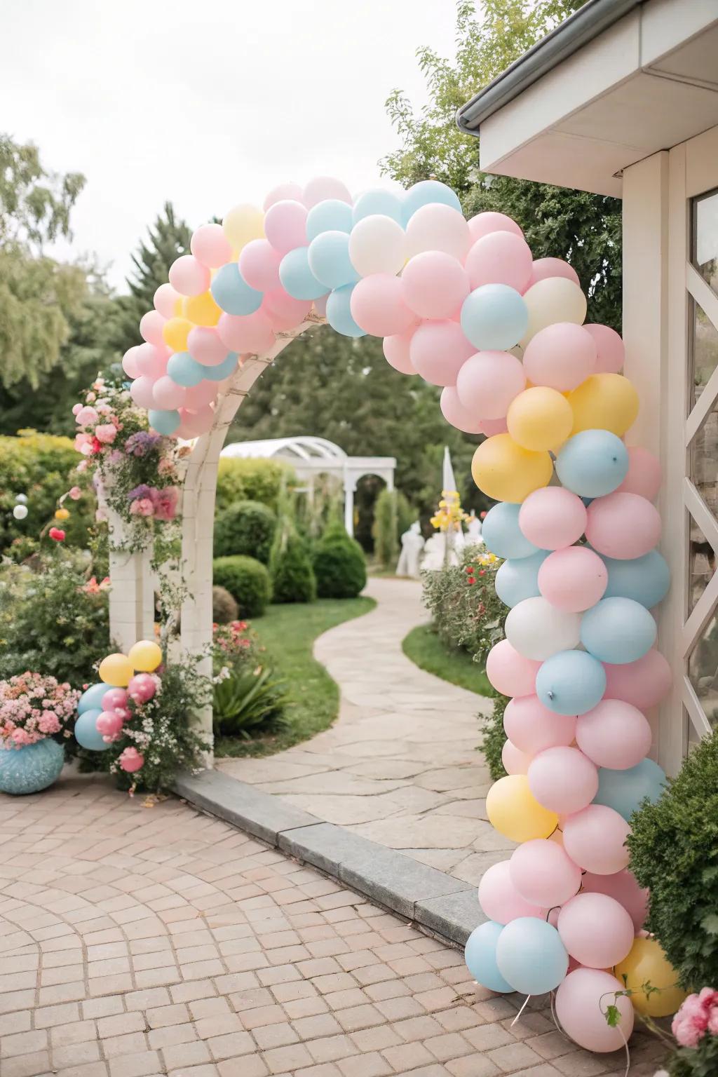 A festive balloon arch welcomes guests to the celebration.