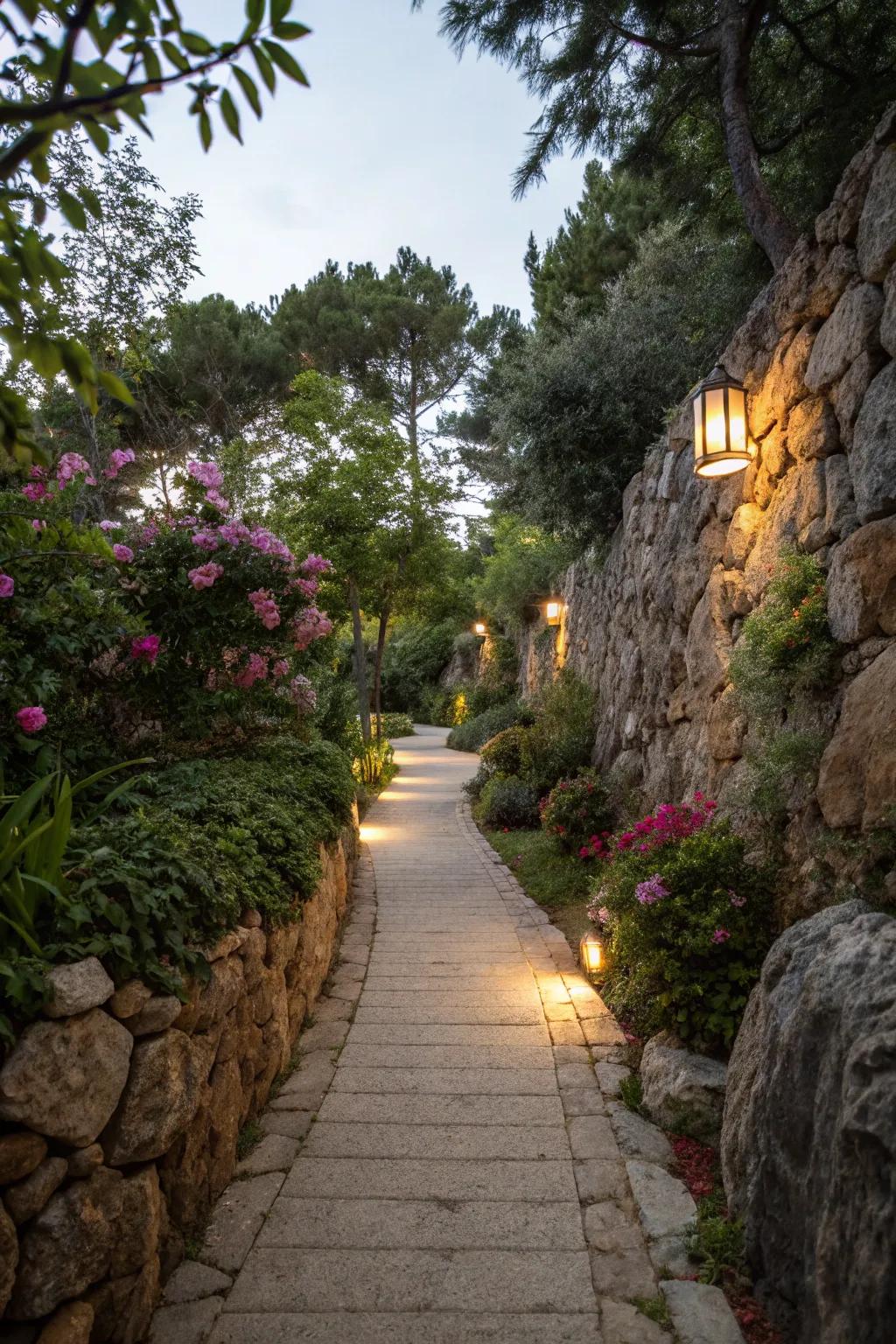 Path lighting along rock walls creates enchanting night views.