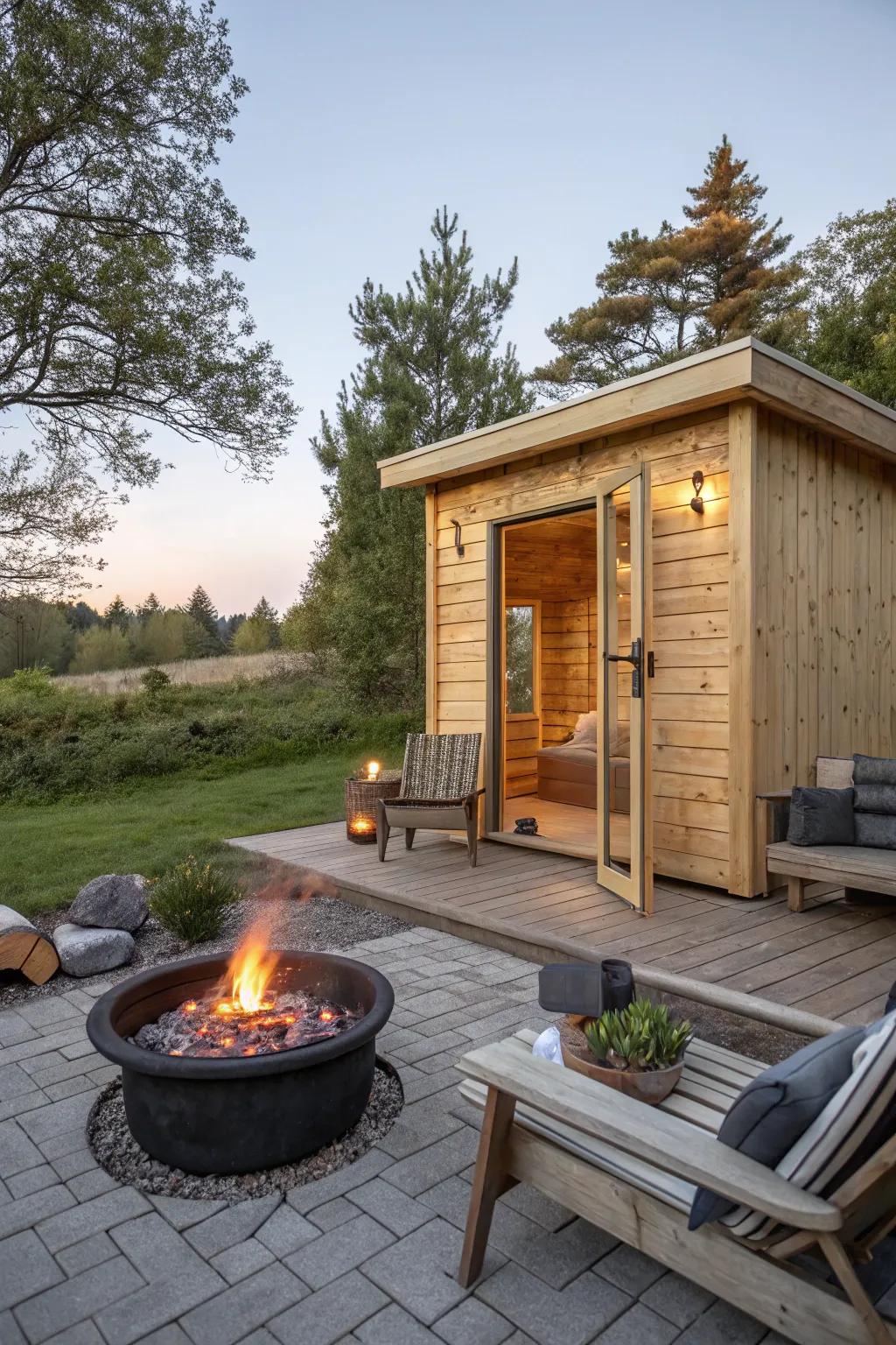 A fire pit adds warmth and invites social gatherings.