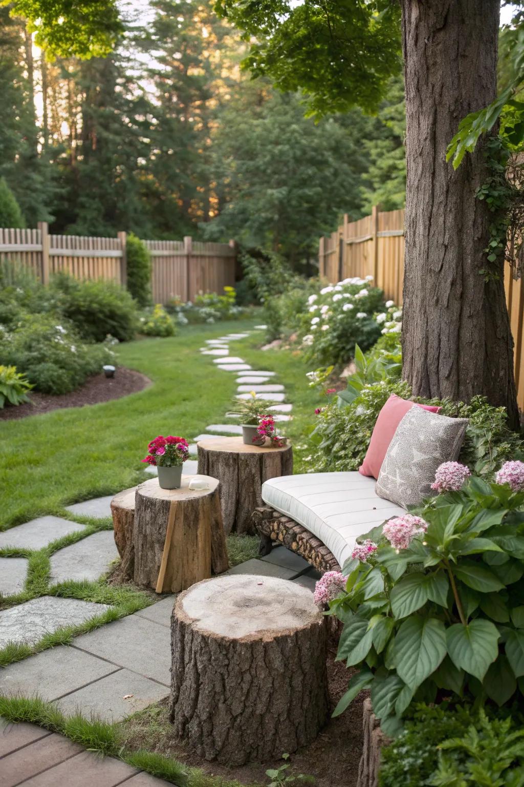 Bring nature into your seating with repurposed tree stumps.
