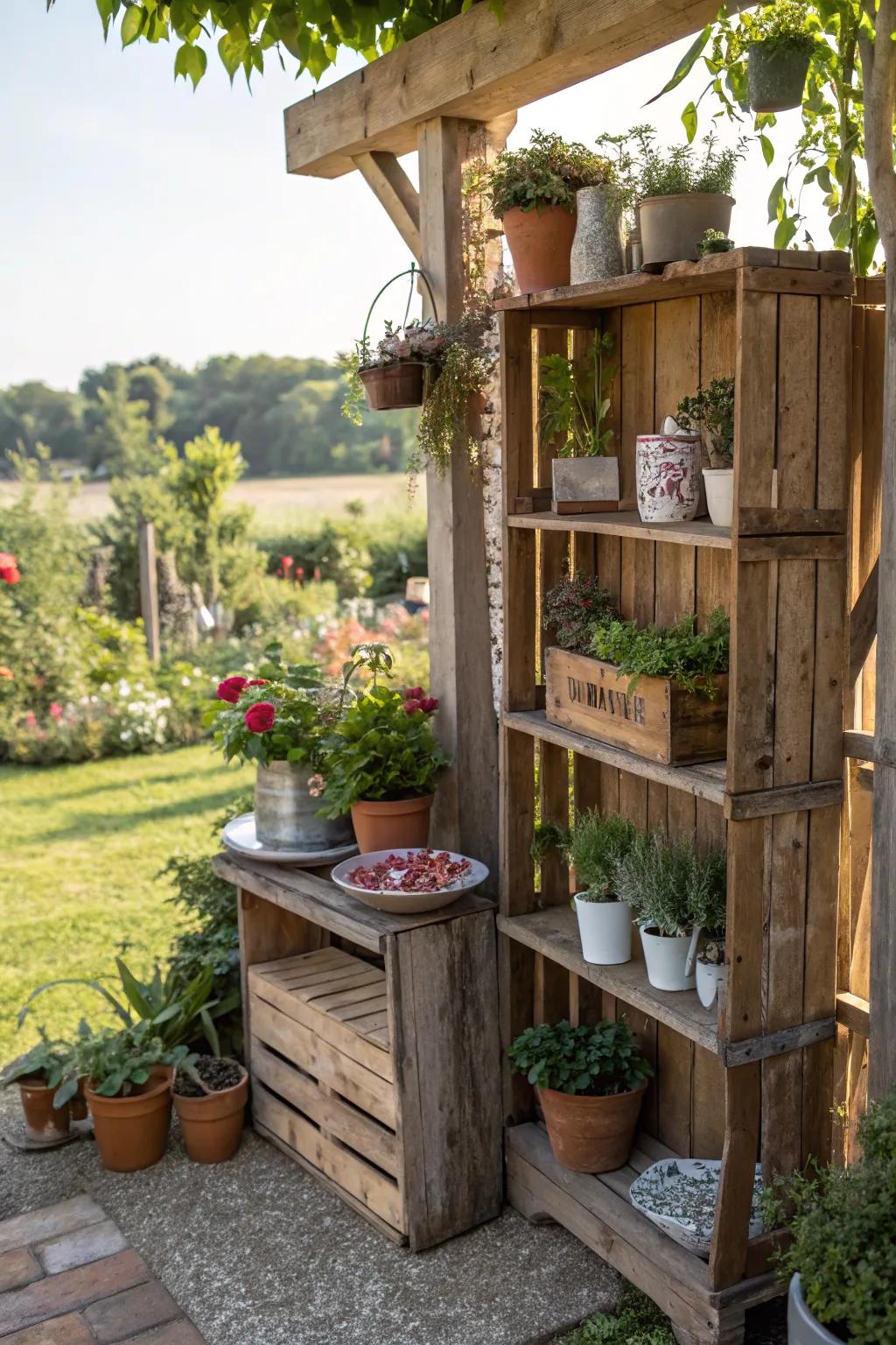 Reclaimed wood shelves offer a rustic and sustainable addition to gardens.